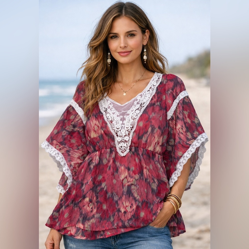 Free People Raspberry Print Lace-Trim Beach Tunic